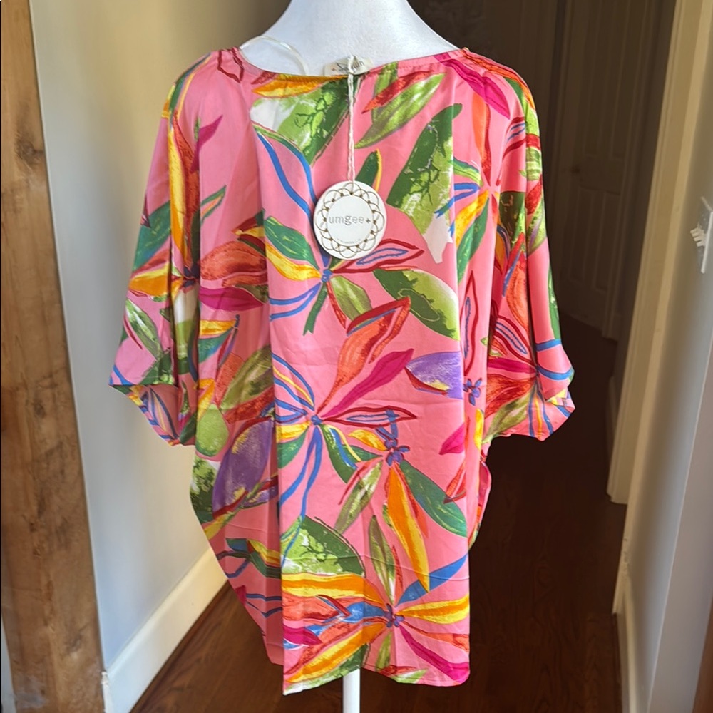 Umgee Peach Pink Tropical Floral Multicolor relaxed fit oversized silky blouse - Picture 3 of 6